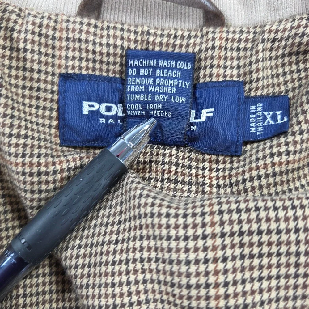Polo Golf Ralph Lauren Quilted Bomber Jacket Tan XL Mens Houndstooth Lining